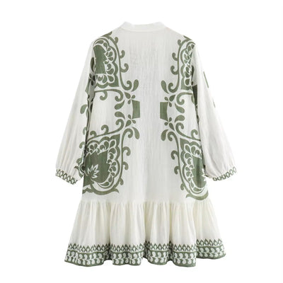 Rabanne White Floral Print Front Lace up Tassel Crew Neck Long Sleeve Midi Dress