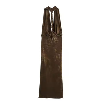 Doechii Bronze Cowl Neck Back Hollow Out Halter Midi Dress