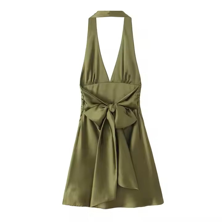 Luca Olive Green Back Hollow Out Halter Mini Dress