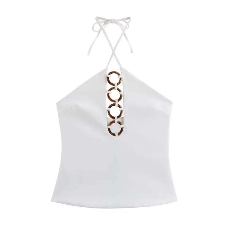 Idris White Tortoise Shell Effect Trim Halter Neck Camisole Top