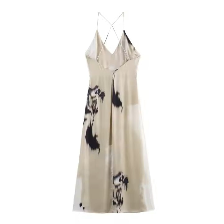 Fontana Beige Black Tie Dye Print Back Hollow Out Midi Dress