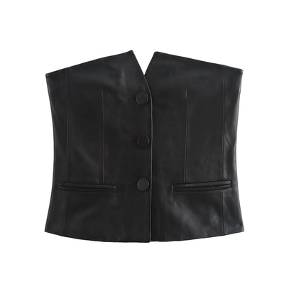 Aziz Black Fux Leather Buttons Up Crop Vest Top