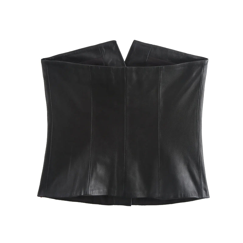 Aziz Black Fux Leather Buttons Up Crop Vest Top