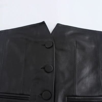 Aziz Black Fux Leather Buttons Up Crop Vest Top