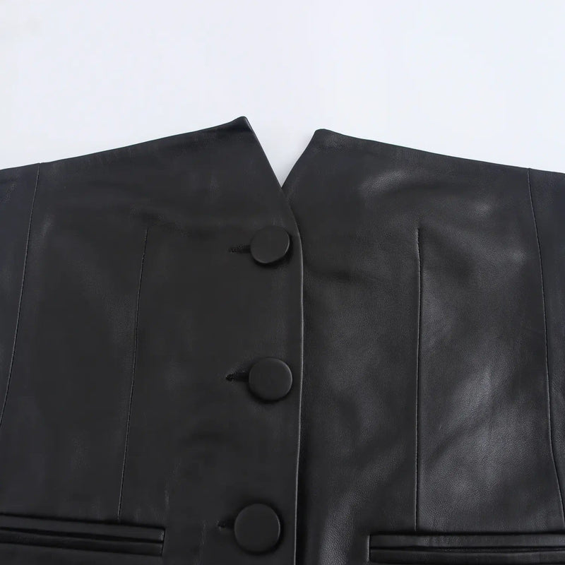 Aziz Black Fux Leather Buttons Up Crop Vest Top