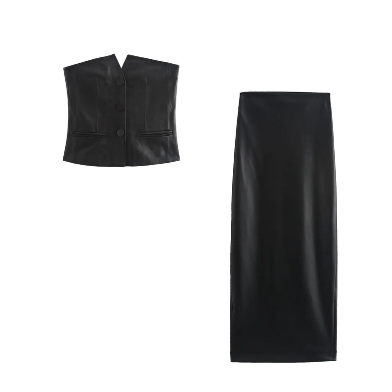 Andromeda Black Faux Leather Zipper Fly Midi Skirt