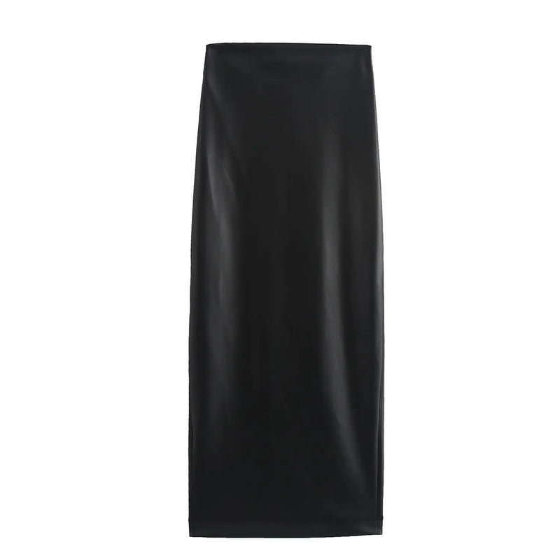 Andromeda Black Faux Leather Zipper Fly Midi Skirt