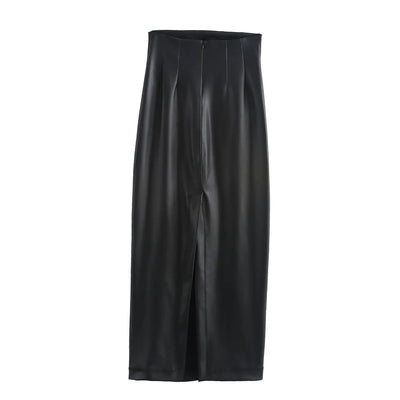 Andromeda Black Faux Leather Zipper Fly Midi Skirt