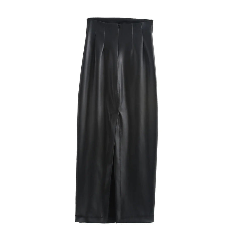 Andromeda Black Faux Leather Zipper Fly Midi Skirt