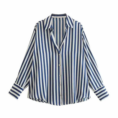 Luchie Blue and White Stripes Turn Down Collar Buttons Up Long Sleeves Top