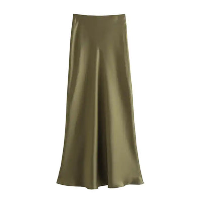 Sundae Green Satin Straight Cut Midi Skirt