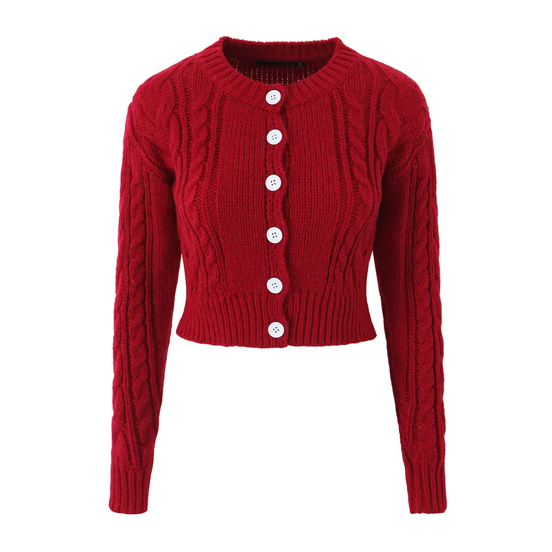 Monica Red Longsleeve Crew Neck  Knitted  Cardigan Sweater