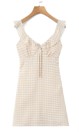 Flossie Beige Gingham Print V - Neck Front Lace up Mini Dress