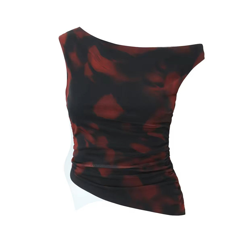 Visha Black Red Abstract Print Sleeveless Asymmetrical Design Tank Top