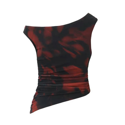 Visha Black Red Abstract Print Sleeveless Asymmetrical Design Tank Top