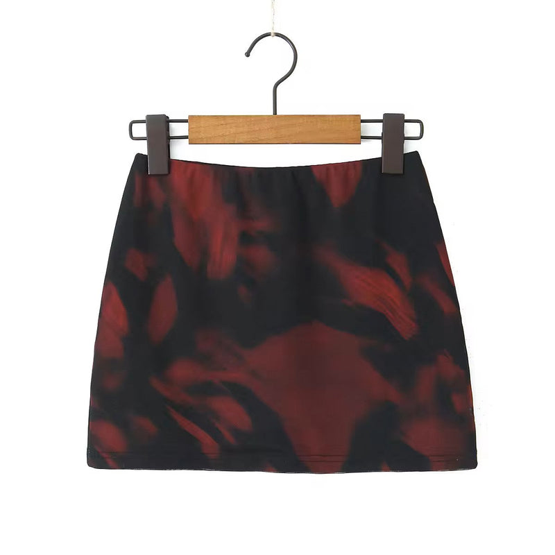 Vallie Red Abstract Print Elastic Waist Mini Skirt