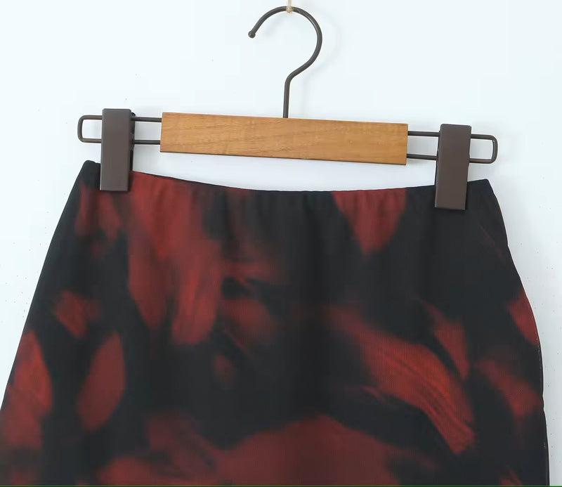 Vallie Red Abstract Print Elastic Waist Mini Skirt