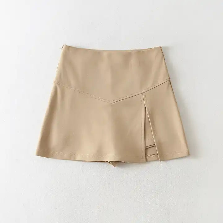 Kailah Khaki Front Slit Side Zipper Zipper Casual Mini Skort