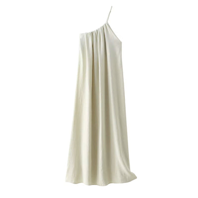 Dindraine Cream Asymmetric Pleated Midi Dress