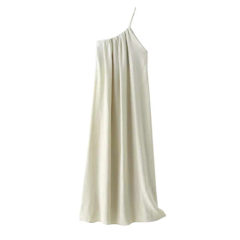 Dindraine Cream Asymmetric Pleated Midi Dress