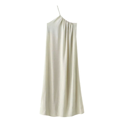 Dindraine Cream Asymmetric Pleated Midi Dress