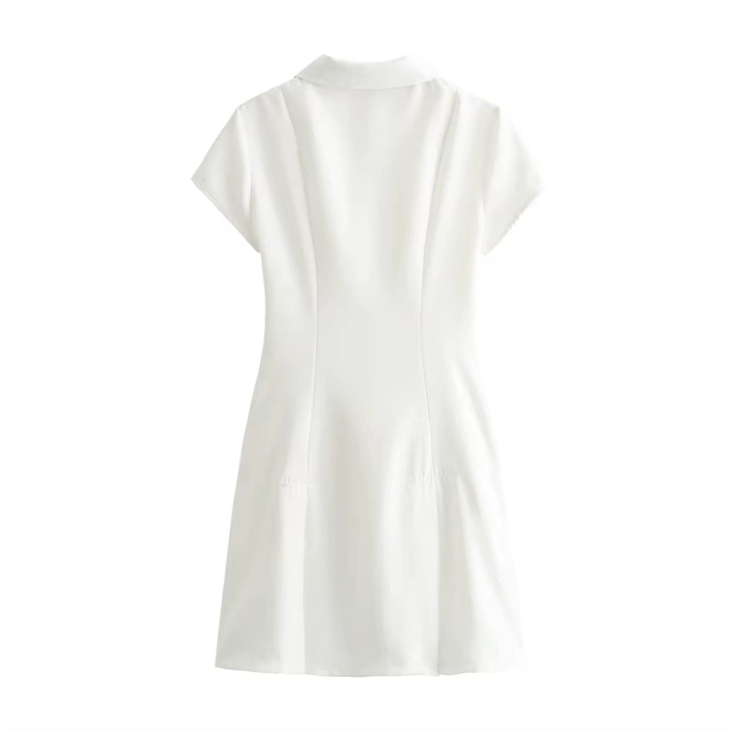 Nadira White Turn Down Collar Short Sleeve Mini Dress