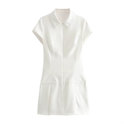 Nadira White Turn Down Collar Short Sleeve Mini Dress