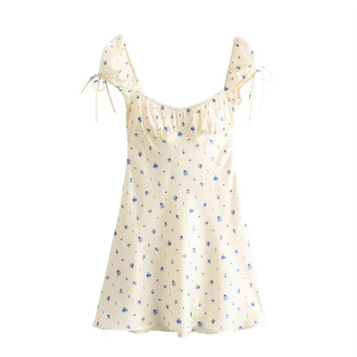 Dandelion Beige Floral Print Square Collar Mini Dress