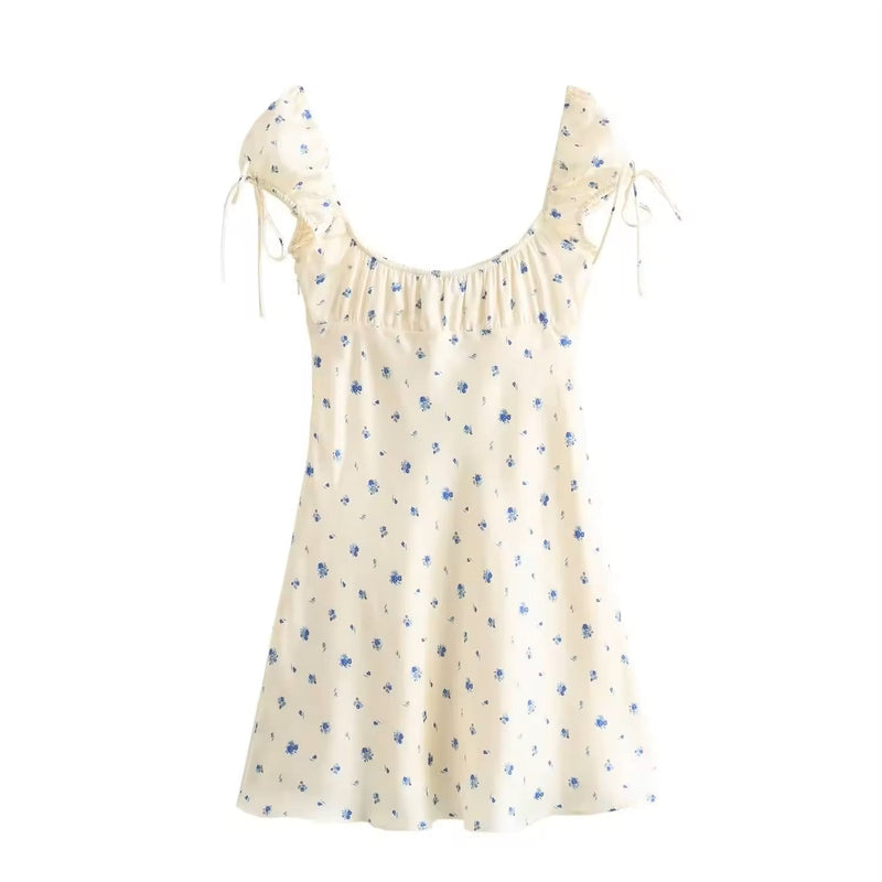 Dandelion Beige Floral Print Square Collar Mini Dress