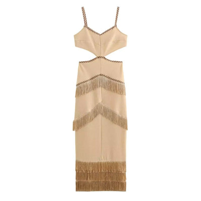 Cashmere Khaki Waist Hollow Out Front Tassel Midi Dress