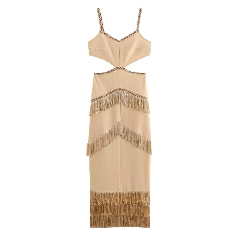 Cashmere Khaki Waist Hollow Out Front Tassel Midi Dress