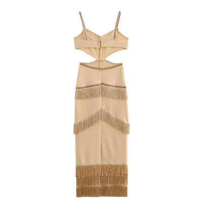 Cashmere Khaki Waist Hollow Out Front Tassel Midi Dress