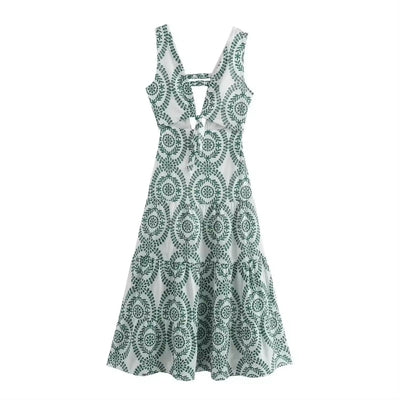 Zafreen Green Mandala Print Front Hollow Out Maxi Dress