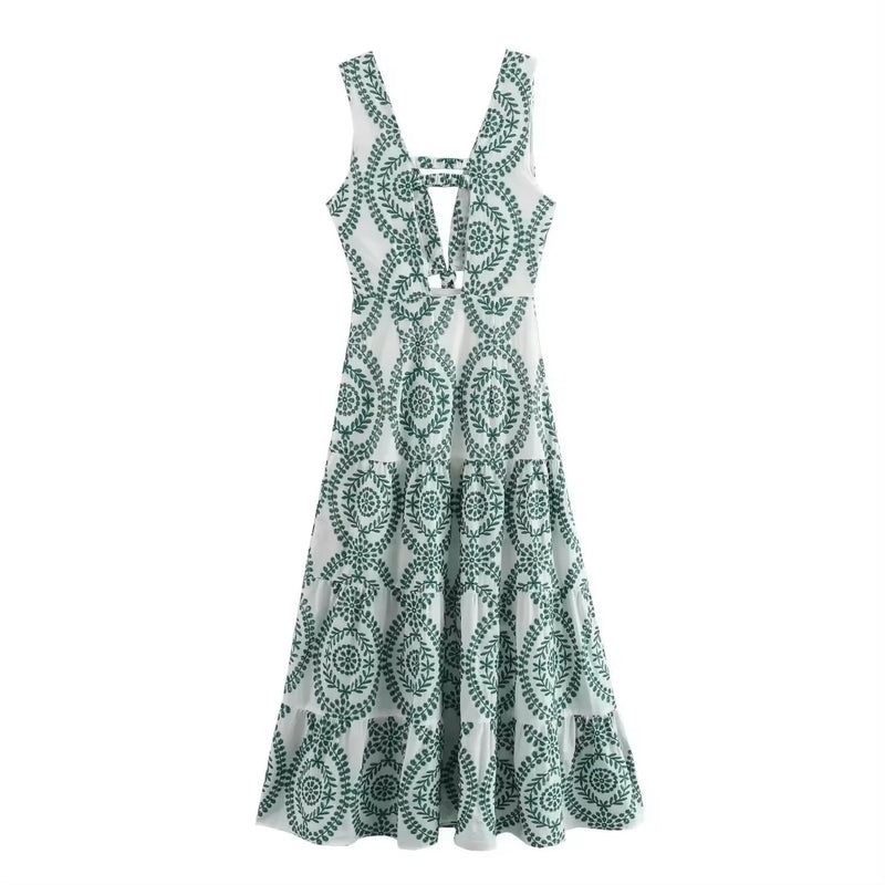 Zafreen Green Mandala Print Front Hollow Out Maxi Dress