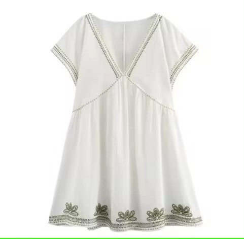 Sorraya White V Neck Floral Embroidery Short Sleeve Mini Dress