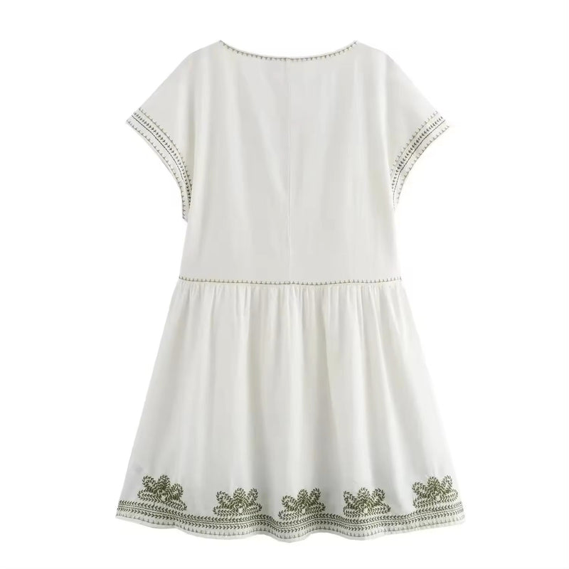 Sorraya White V Neck Floral Embroidery Short Sleeve Mini Dress