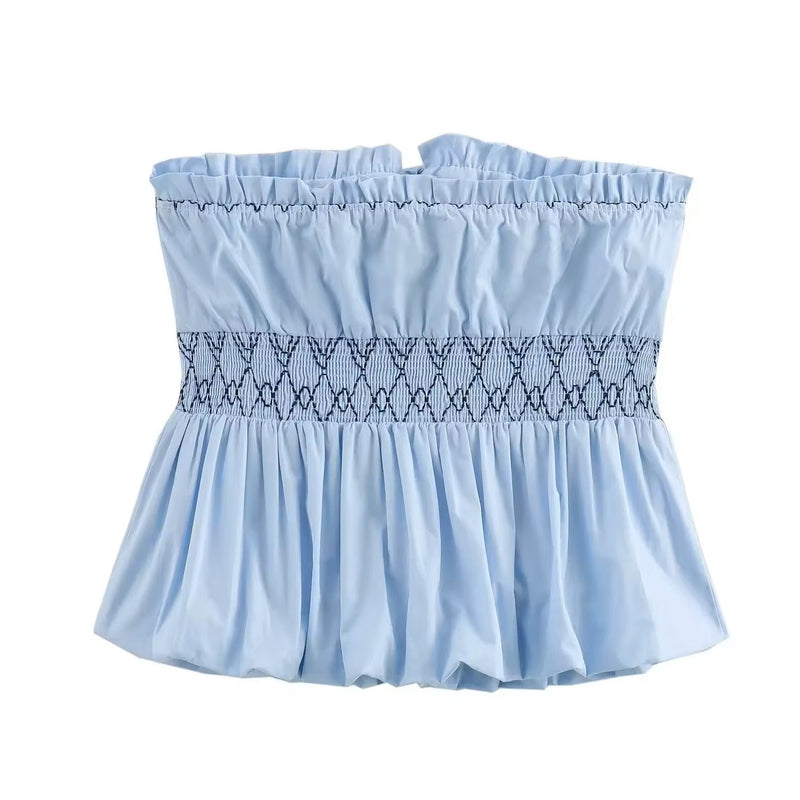 Zirconia Powder Blue Front Lace up Embroidery Tube Crop Tank Top