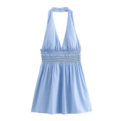 Pecola Powder Blue Striped Back Hollow Out Mini Halter Dress