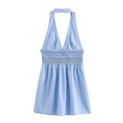 Pecola Powder Blue Striped Back Hollow Out Mini Halter Dress