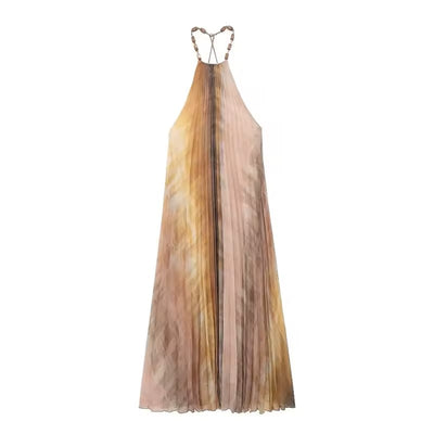 Domenica Tie Dye Print Beaded Halter Neck Pleated Midi Dress