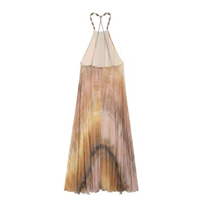 Domenica Tie Dye Print Beaded Halter Neck Pleated Midi Dress