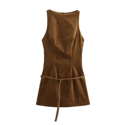 Jordina Wood Brown Corduroy Boat Neck Belted Mini Dress