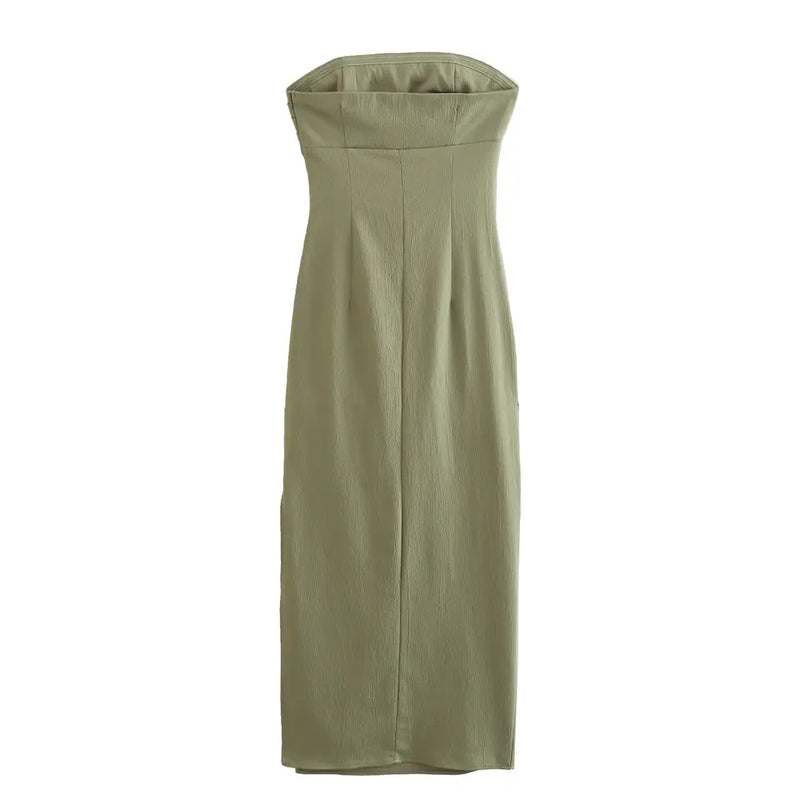 Caye Sage Pleated Side Zipper Casual Tube Midi Dress