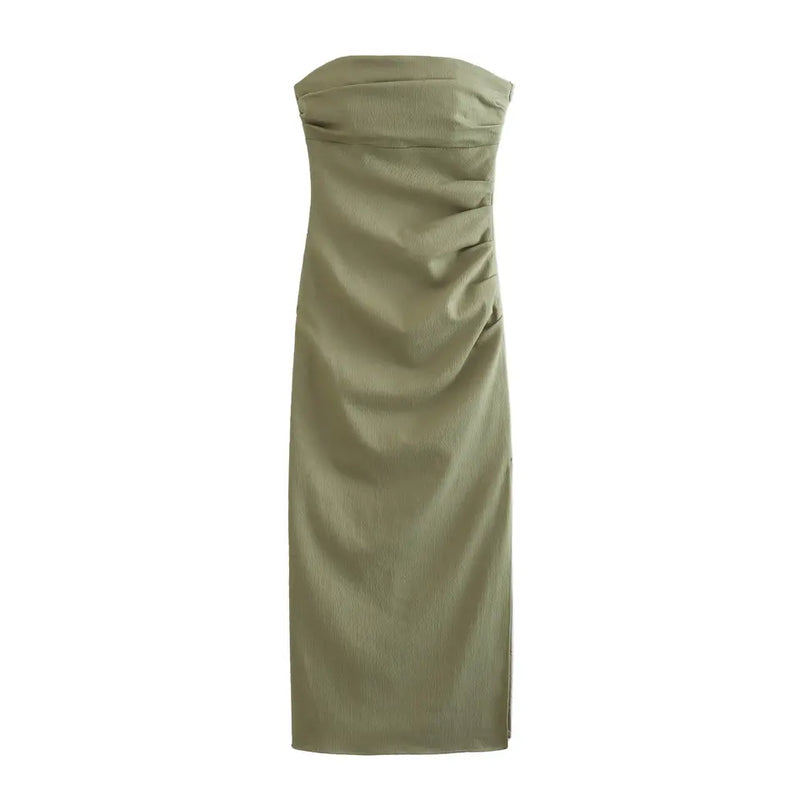 Caye Sage Pleated Side Zipper Casual Tube Midi Dress