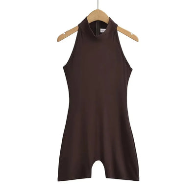 Coreen Black Turtle Neckline Back Zipper Sleeveless Romper