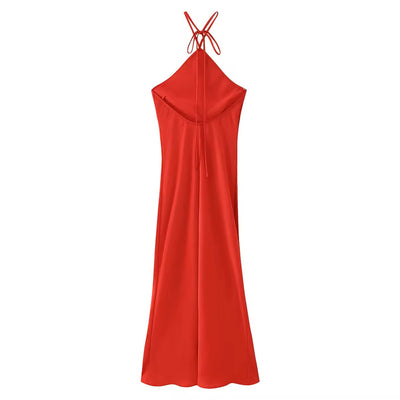 Cariana Tomato Red Halter Neck Open Back Sleeveless Midi Dress