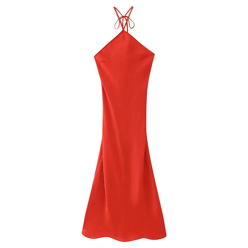 Cariana Tomato Red Halter Neck Open Back Sleeveless Midi Dress