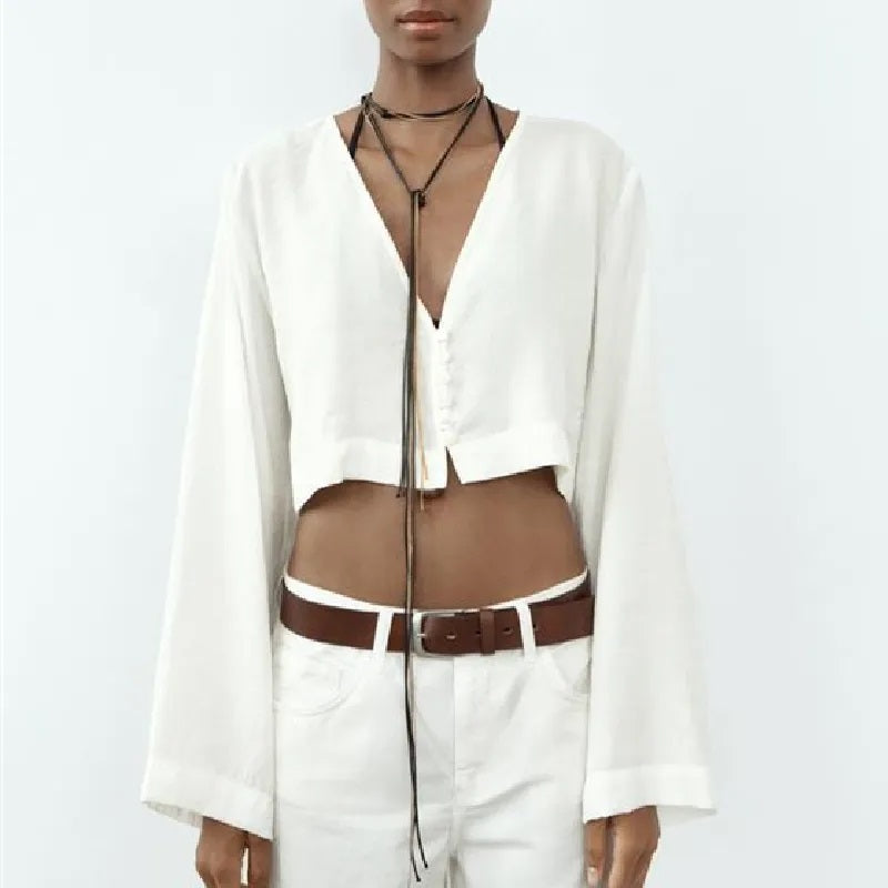 Cartney White V-Neck Button Down Long Sleeve Crop Top