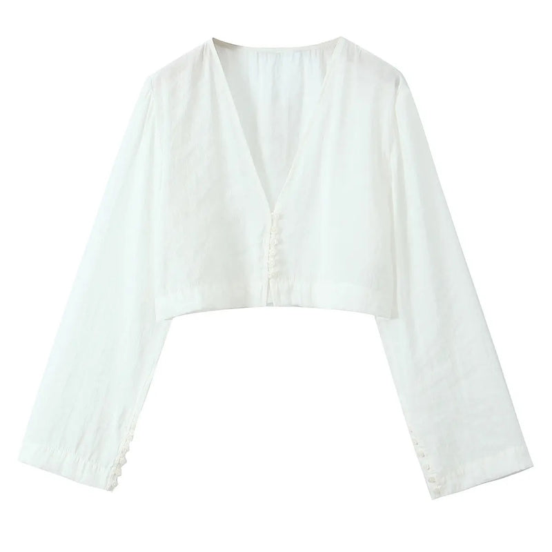 Cartney White V-Neck Button Down Long Sleeve Crop Top