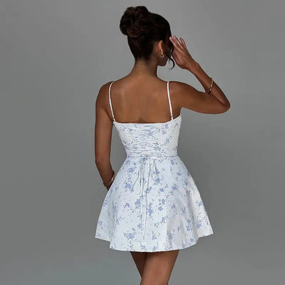 Cypress Light Blue Floral Print Front Lace Up Mini Dress